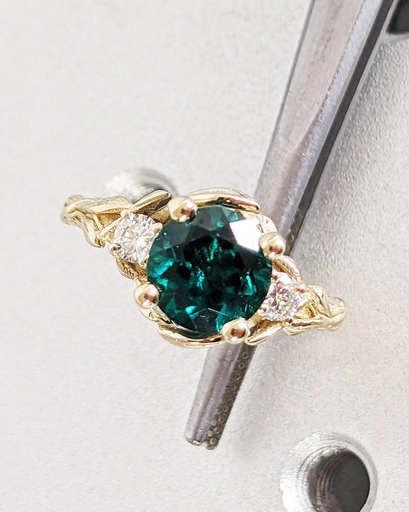 Nature Inspired Green Lab Emerald Engagement Ring Leaves Band, Moissanite Diamond Wedding Ring Leaf Vine Branch, Alternative Engagement Ring