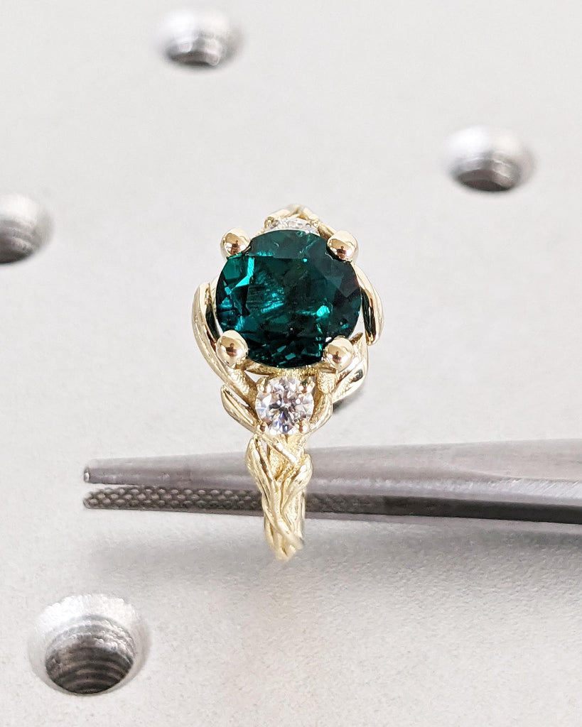 Nature Inspired Green Lab Emerald Engagement Ring Leaves Band, Moissanite Diamond Wedding Ring Leaf Vine Branch, Alternative Engagement Ring