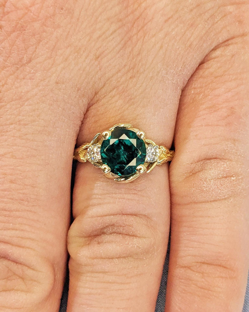 Nature Inspired Green Lab Emerald Engagement Ring Leaves Band, Moissanite Diamond Wedding Ring Leaf Vine Branch, Alternative Engagement Ring