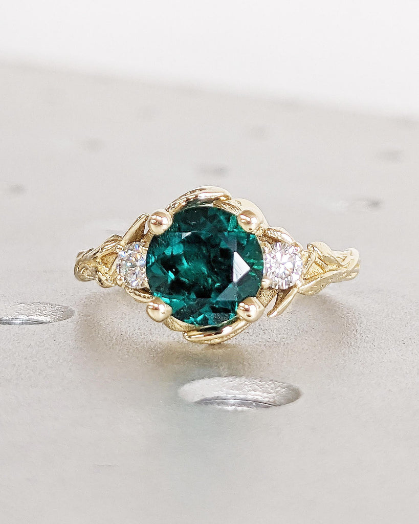 Nature Inspired Green Lab Emerald Engagement Ring Leaves Band, Moissanite Diamond Wedding Ring Leaf Vine Branch, Alternative Engagement Ring