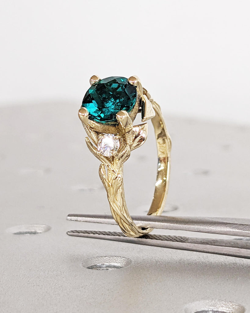 Nature Inspired Green Lab Emerald Engagement Ring Leaves Band, Moissanite Diamond Wedding Ring Leaf Vine Branch, Alternative Engagement Ring