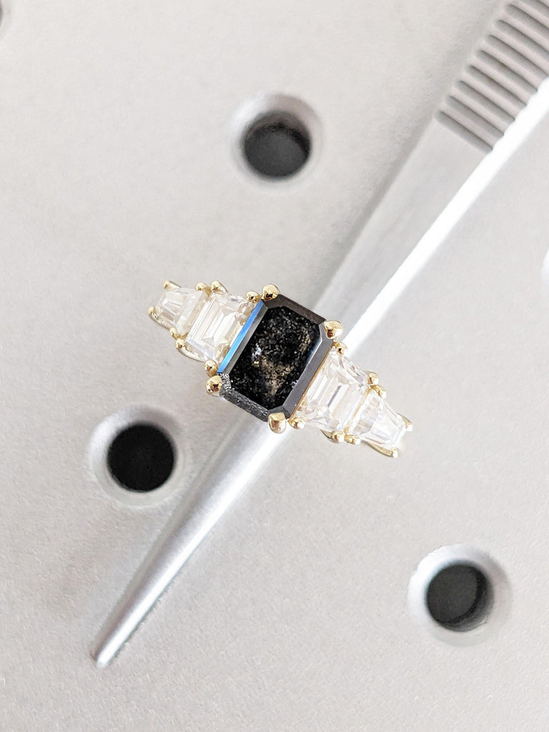 14k Yellow Gold Engagement Ring | Natural Salt and Pepper Galaxy Diamond Rings for Women | Baguette Ring | Five Stone Ring Anniversary Gift image #5