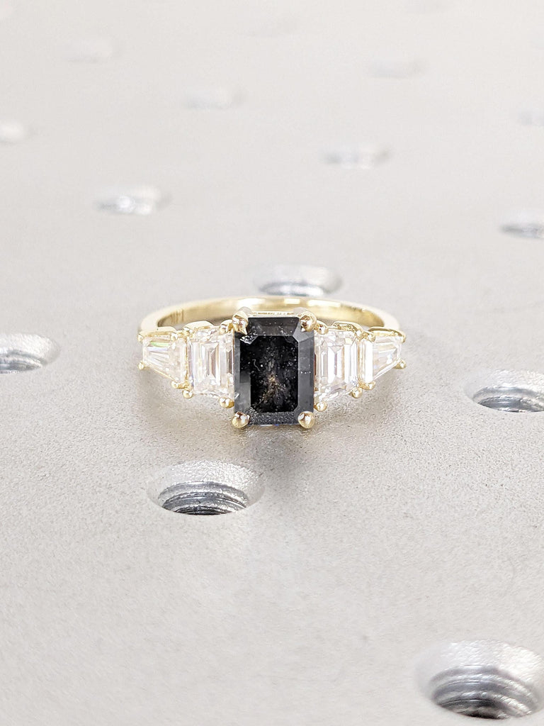 14k Yellow Gold Engagement Ring | Natural Salt and Pepper Galaxy Diamond Rings for Women | Baguette Ring | Five Stone Ring Anniversary Gift image #1