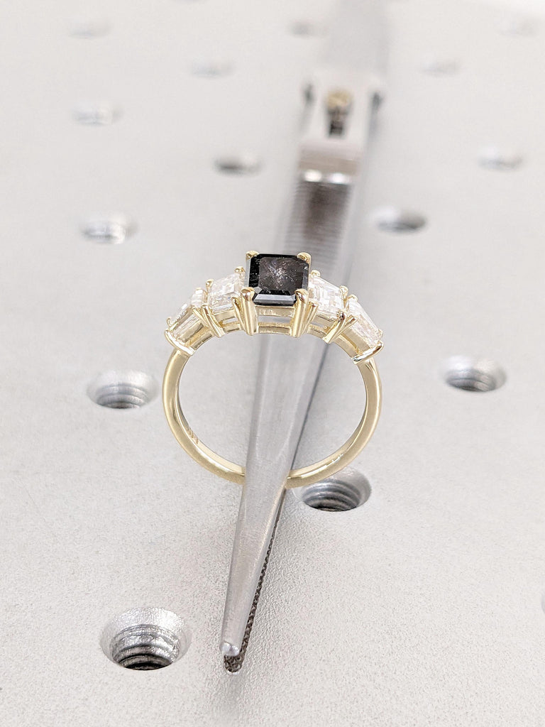 14k Yellow Gold Engagement Ring | Natural Salt and Pepper Galaxy Diamond Rings for Women | Baguette Ring | Five Stone Ring Anniversary Gift image #3