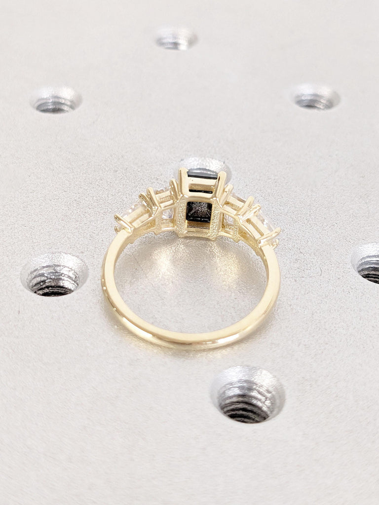 14k Yellow Gold Engagement Ring | Natural Salt and Pepper Galaxy Diamond Rings for Women | Baguette Ring | Five Stone Ring Anniversary Gift image #7