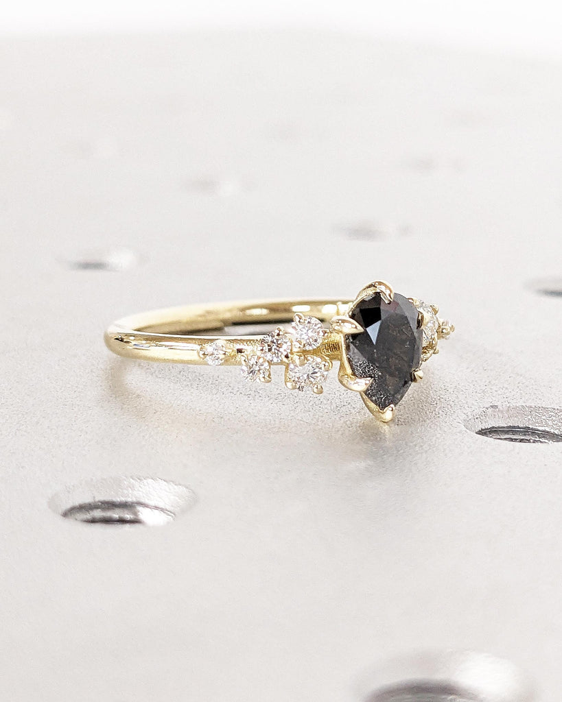 Pear Salt And Pepper Diamond Engagement Ring, 14K Yellow Gold Unique Snowdrift 6 Prong Engagement Ring, Art Deco Diamond Cluster Bridal Ring