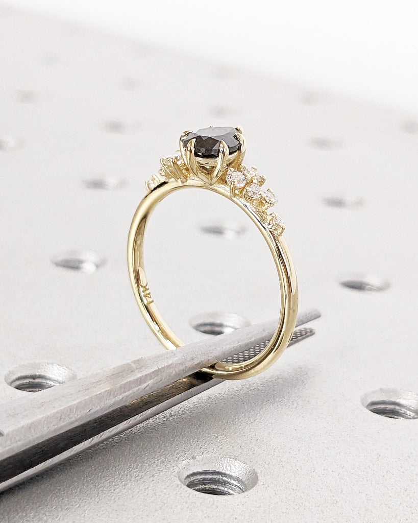 Pear Salt And Pepper Diamond Engagement Ring, 14K Yellow Gold Unique Snowdrift 6 Prong Engagement Ring, Art Deco Diamond Cluster Bridal Ring