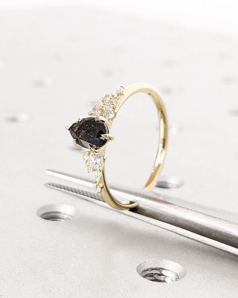 Pear Salt And Pepper Diamond Engagement Ring, 14K Yellow Gold Unique Snowdrift 6 Prong Engagement Ring, Art Deco Diamond Cluster Bridal Ring