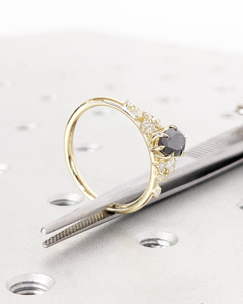 Pear Salt And Pepper Diamond Engagement Ring, 14K Yellow Gold Unique Snowdrift 6 Prong Engagement Ring, Art Deco Diamond Cluster Bridal Ring