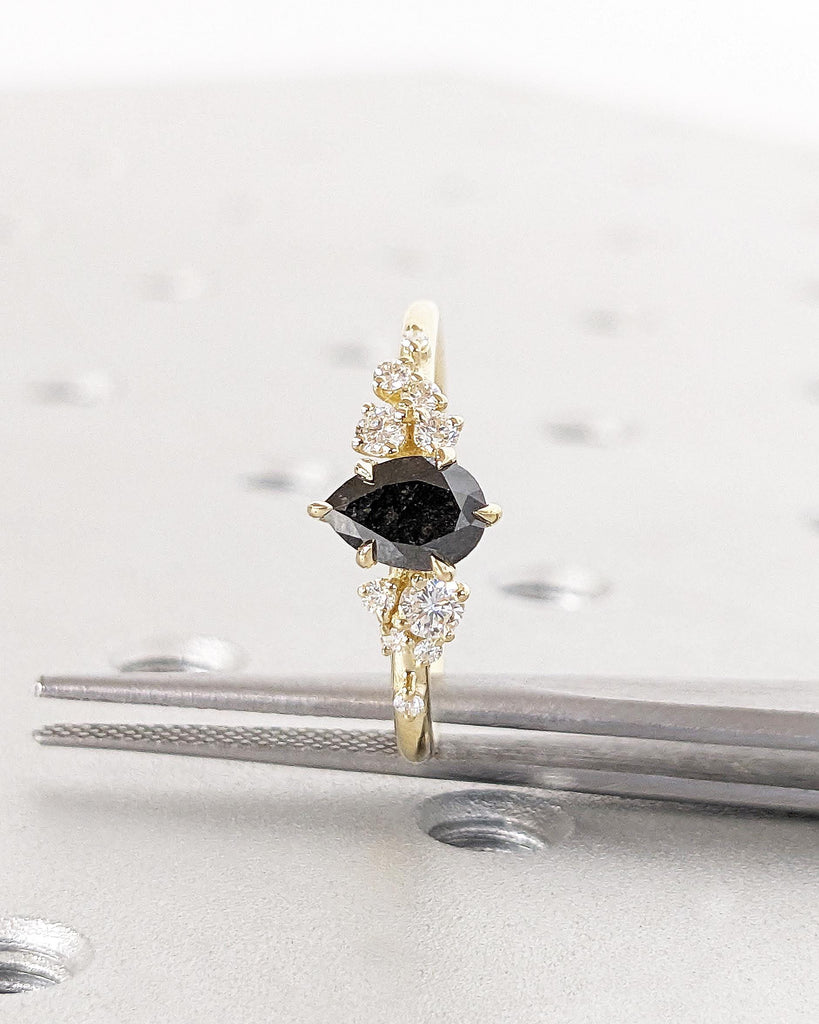 Pear Salt And Pepper Diamond Engagement Ring, 14K Yellow Gold Unique Snowdrift 6 Prong Engagement Ring, Art Deco Diamond Cluster Bridal Ring