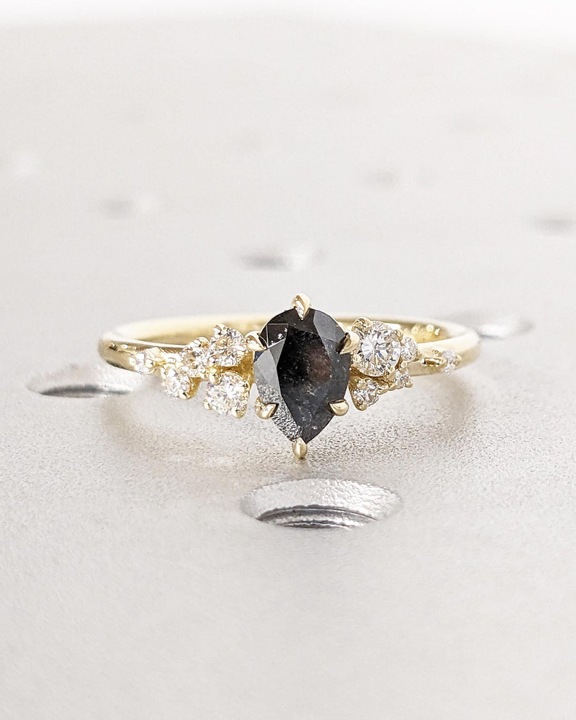 Pear Salt And Pepper Diamond Engagement Ring, 14K Yellow Gold Unique Snowdrift 6 Prong Engagement Ring, Art Deco Diamond Cluster Bridal Ring