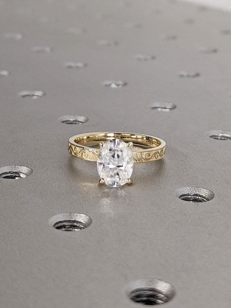 1.5ct Oval cut Moissanite Solitaire 14K Yellow Gold Swirling Pattern Vintage Engagement Ring