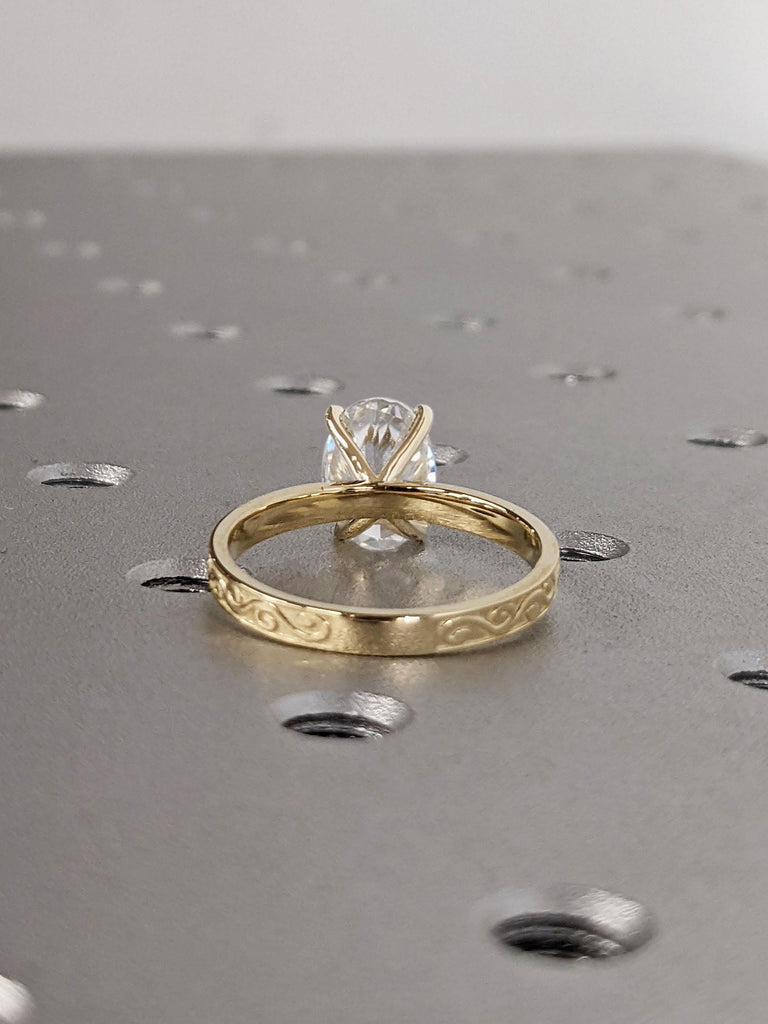 14K Yellow Gold Scrollwork Filigree Wedding Ring | IGI Diamond Solitaire Ring | Swirling Pattern Engraving Gold Band | Anniversary Ring Gift