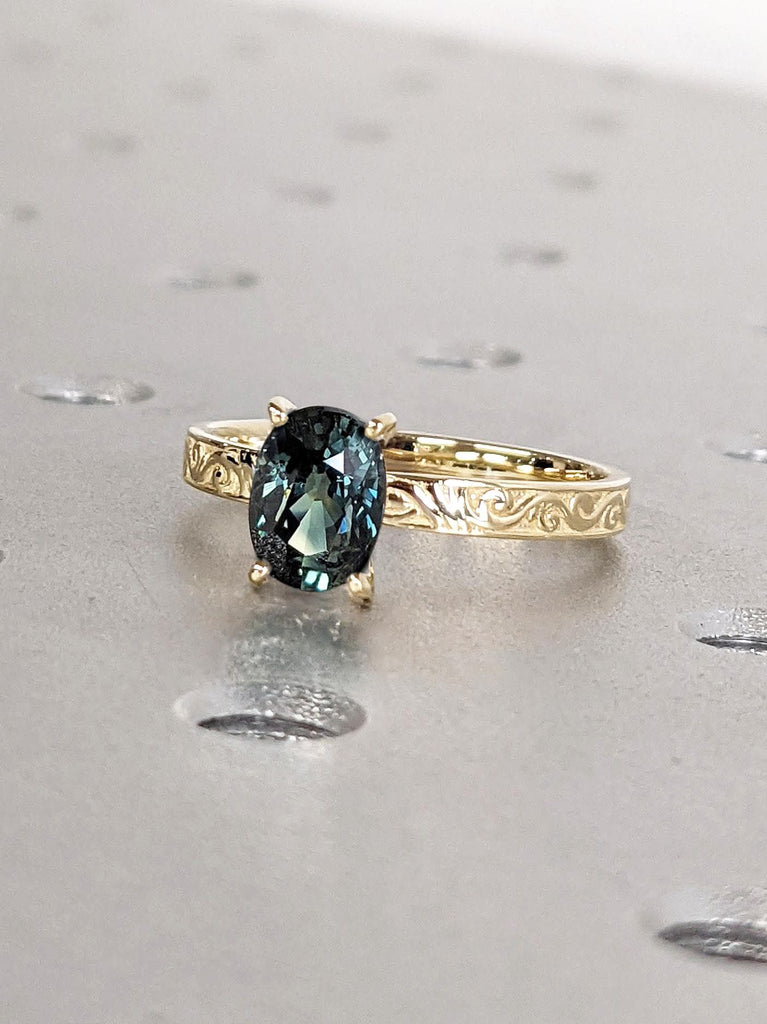 Sapphire Wedding Anniversary Ring Gift for Wife | Blue Green Sapphire Oval cut Engagement Ring | Yellow Gold Rings for Women