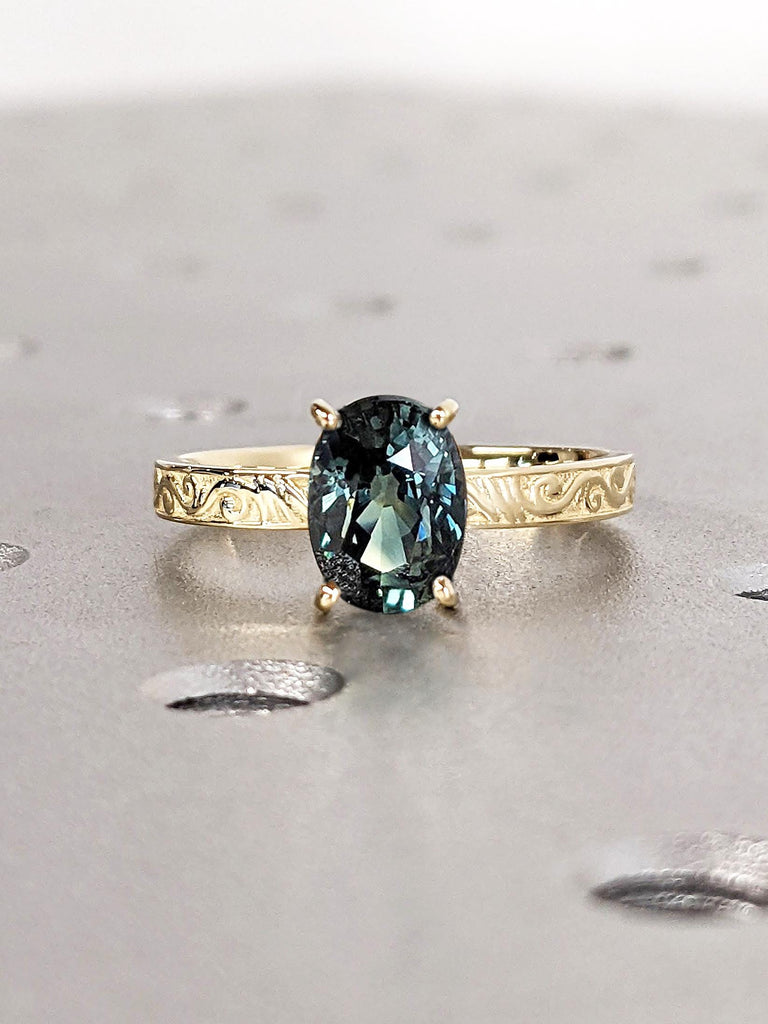Vintage Sapphire Engagement Ring | 1ct Natural Blue Green Sapphire Solitaire Ring | Handmade Filigree Wedding Band | Women Anniversary Ring