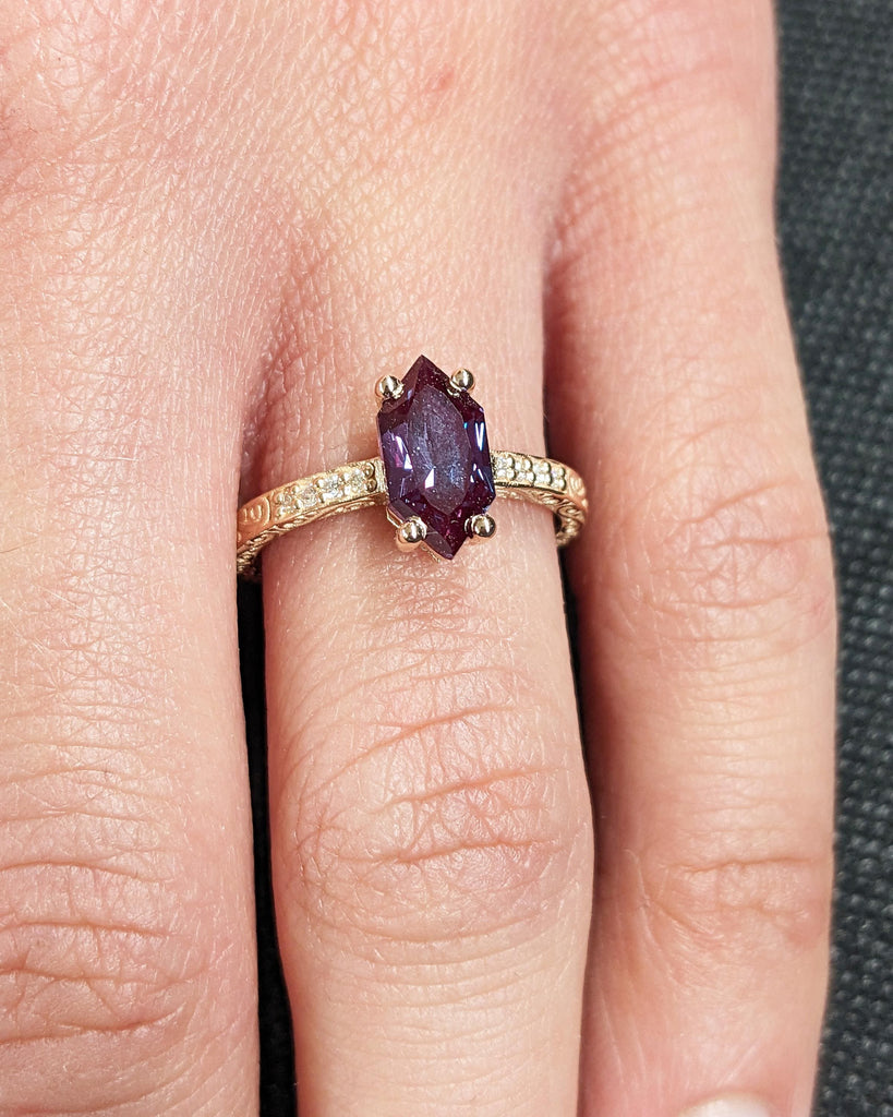 1ct Alexandrite Engagement Ring, Dutch Marquise Alexandrite, Blue Purple Alexandrite June Birthstone, Vintage Rose Gold Promise Ring for Her