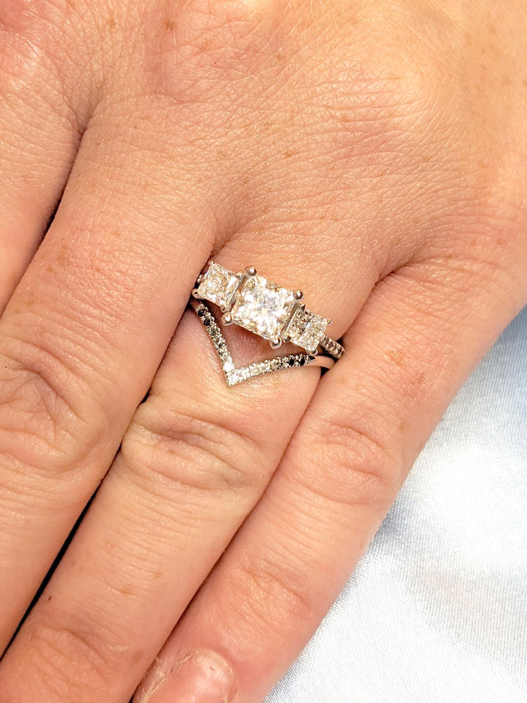 14k White Gold Diamond Engagement Ring Set | Stacking Ring | V Shaped Ring | Ombre Diamond Band