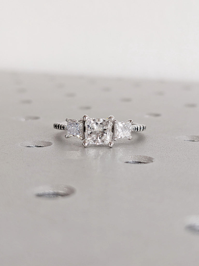 Three Stone Moissanite Ring Princess cut | White Gold Black Diamond Band | Square Diamond Engagement Ring for Women