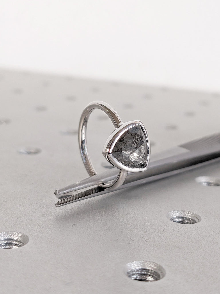 Salt and Pepper Diamond Ring, 14k White Gold Engagement Ring, Trillion Cut Diamond Ring, Minimalist Bezel Set Ring, Simple Rings for Women