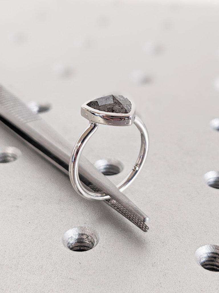 Salt and Pepper Diamond Ring, 14k White Gold Engagement Ring, Trillion Cut Diamond Ring, Minimalist Bezel Set Ring, Simple Rings for Women