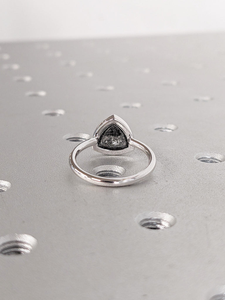 14k Gold Bezel Ring, Salt and Pepper Diamond Engagement Ring, Trillion Cut Ring, Diamond Solitaire Rings for Women, Birthday Gift for Wife
