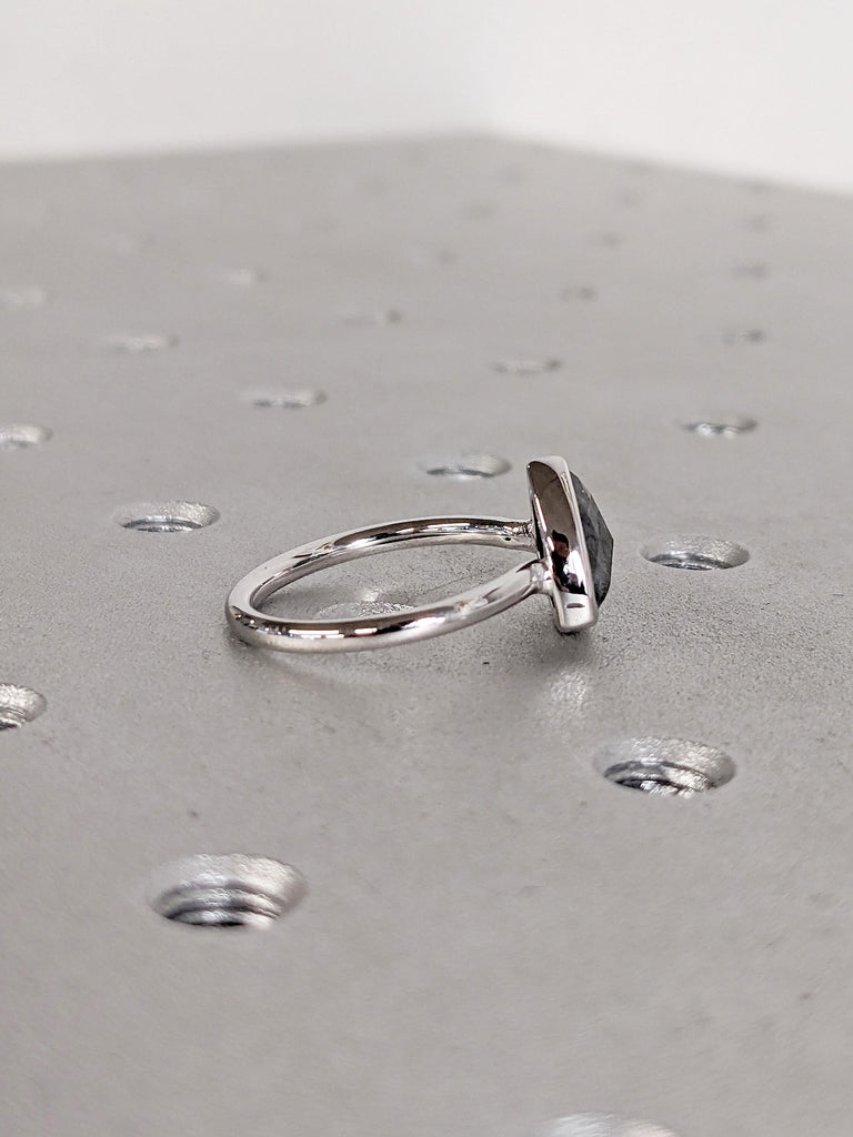 Salt and Pepper Diamond Ring, 14k White Gold Engagement Ring, Trillion Cut Diamond Ring, Minimalist Bezel Set Ring, Simple Rings for Women