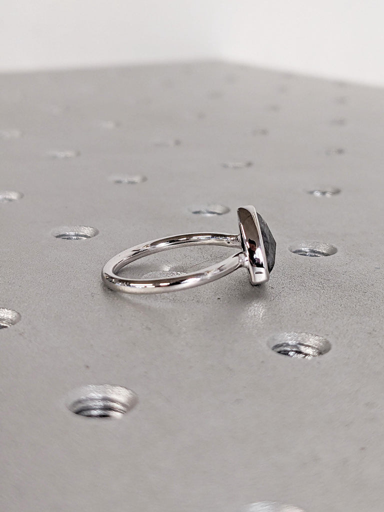 14k Gold Bezel Ring, Salt and Pepper Diamond Engagement Ring, Trillion Cut Ring, Diamond Solitaire Rings for Women, Birthday Gift for Wife
