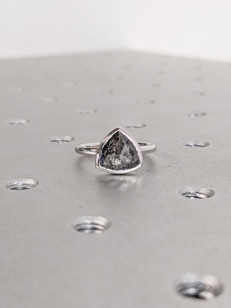 14k Gold Bezel Ring, Salt and Pepper Diamond Engagement Ring, Trillion Cut Ring, Diamond Solitaire Rings for Women, Birthday Gift for Wife