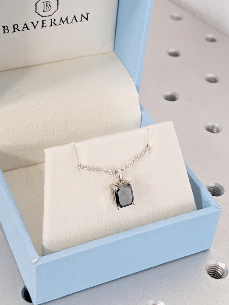 Emerald Cut Necklace, Salt and Pepper Diamond Pendant, 14k White Gold Necklace, Personalized Necklace, Necklace for Women, Dainty Necklace