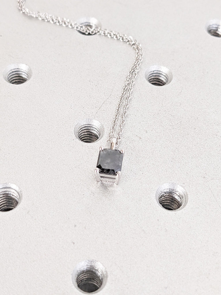 Emerald Cut Necklace, Salt and Pepper Diamond Pendant, 14k White Gold Necklace, Personalized Necklace, Necklace for Women, Dainty Necklace