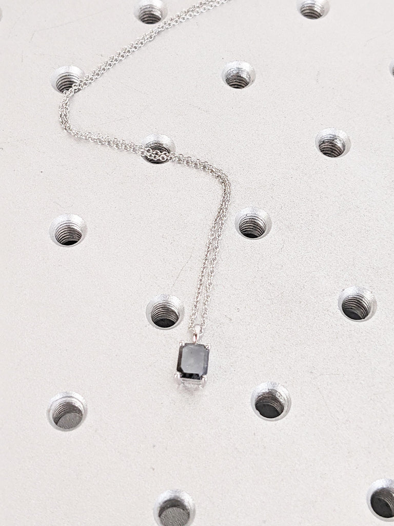 Emerald Cut Necklace, Salt and Pepper Diamond Pendant, 14k White Gold Necklace, Personalized Necklace, Necklace for Women, Dainty Necklace