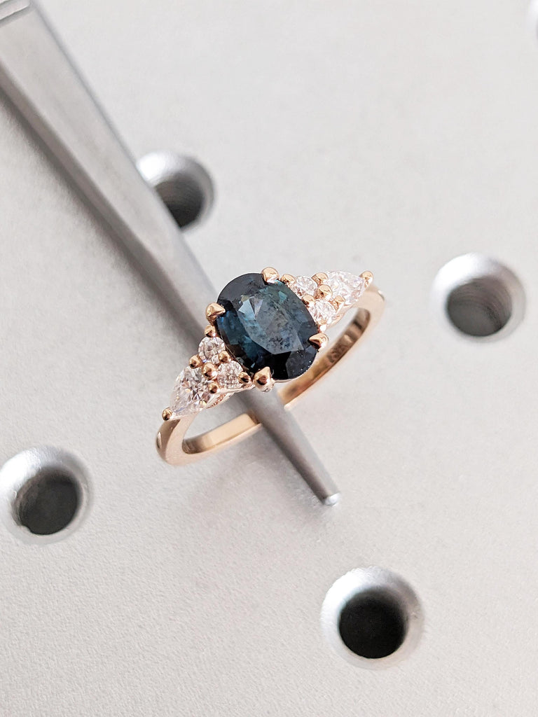 Rose Gold Women Wedding Ring, Blue Green Sapphire Ring, Oval Engagement Ring, Birthstone Ring, Diamond Cluster Ring, Unique Anniversary Ring