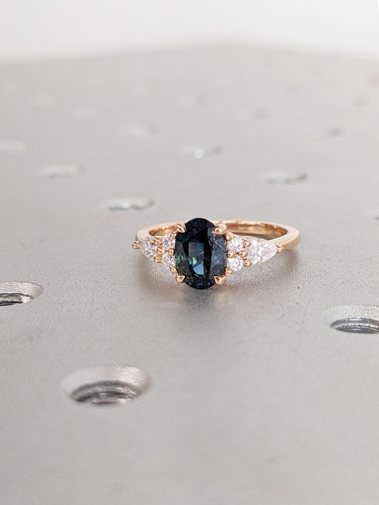 Rose Gold Women Wedding Ring, Blue Green Sapphire Ring, Oval Engagement Ring, Birthstone Ring, Diamond Cluster Ring, Unique Anniversary Ring