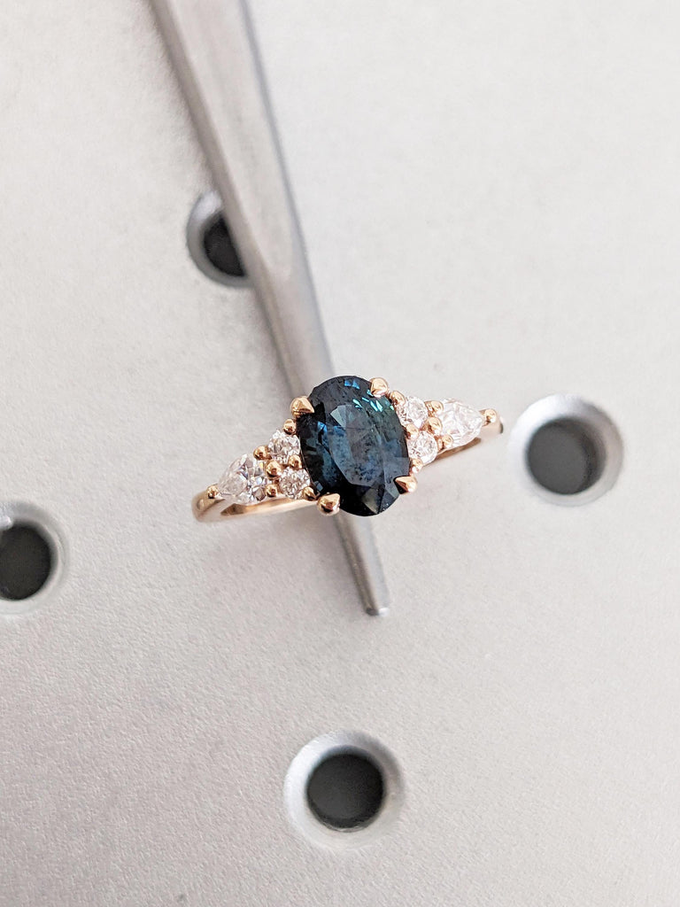 Rose Gold Women Wedding Ring, Blue Green Sapphire Ring, Oval Engagement Ring, Birthstone Ring, Diamond Cluster Ring, Unique Anniversary Ring
