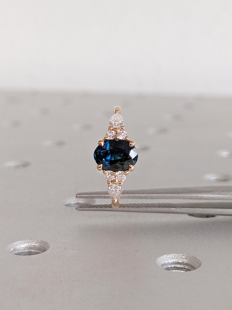 Rose Gold Women Wedding Ring, Blue Green Sapphire Ring, Oval Engagement Ring, Birthstone Ring, Diamond Cluster Ring, Unique Anniversary Ring