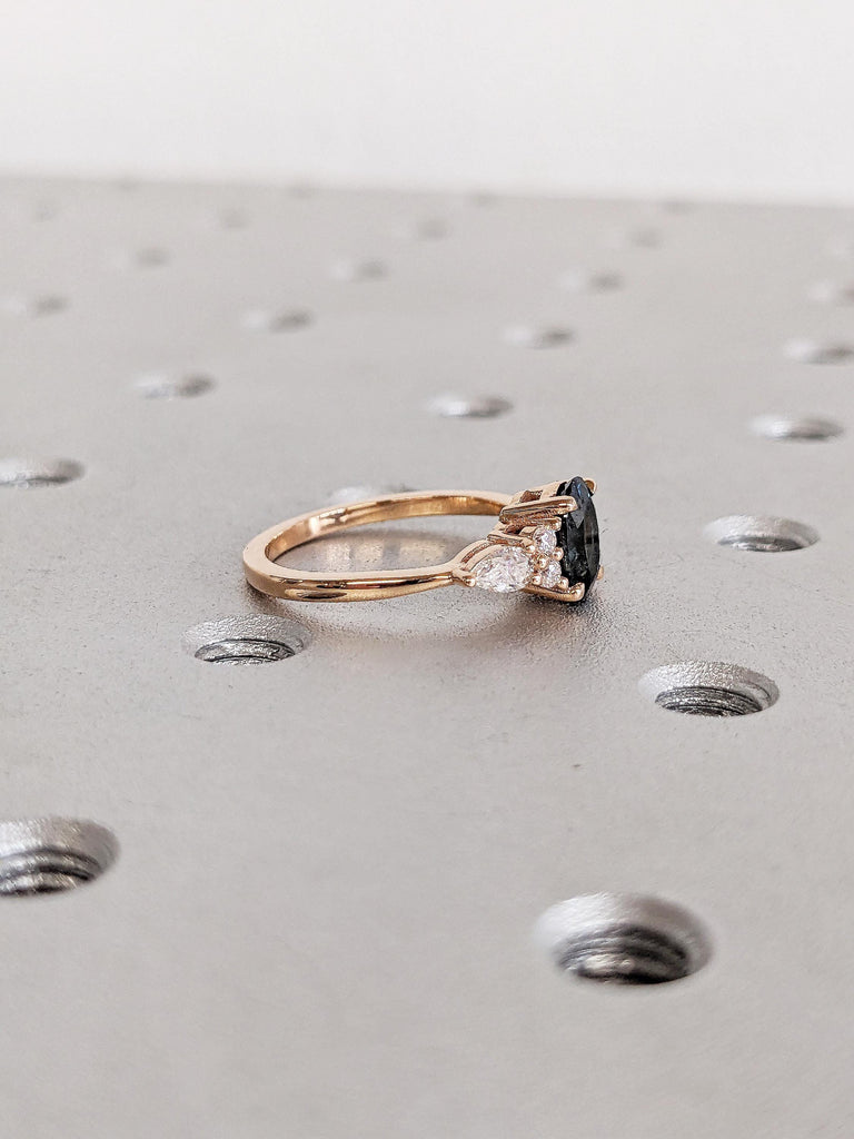 Rose Gold Women Wedding Ring, Blue Green Sapphire Ring, Oval Engagement Ring, Birthstone Ring, Diamond Cluster Ring, Unique Anniversary Ring