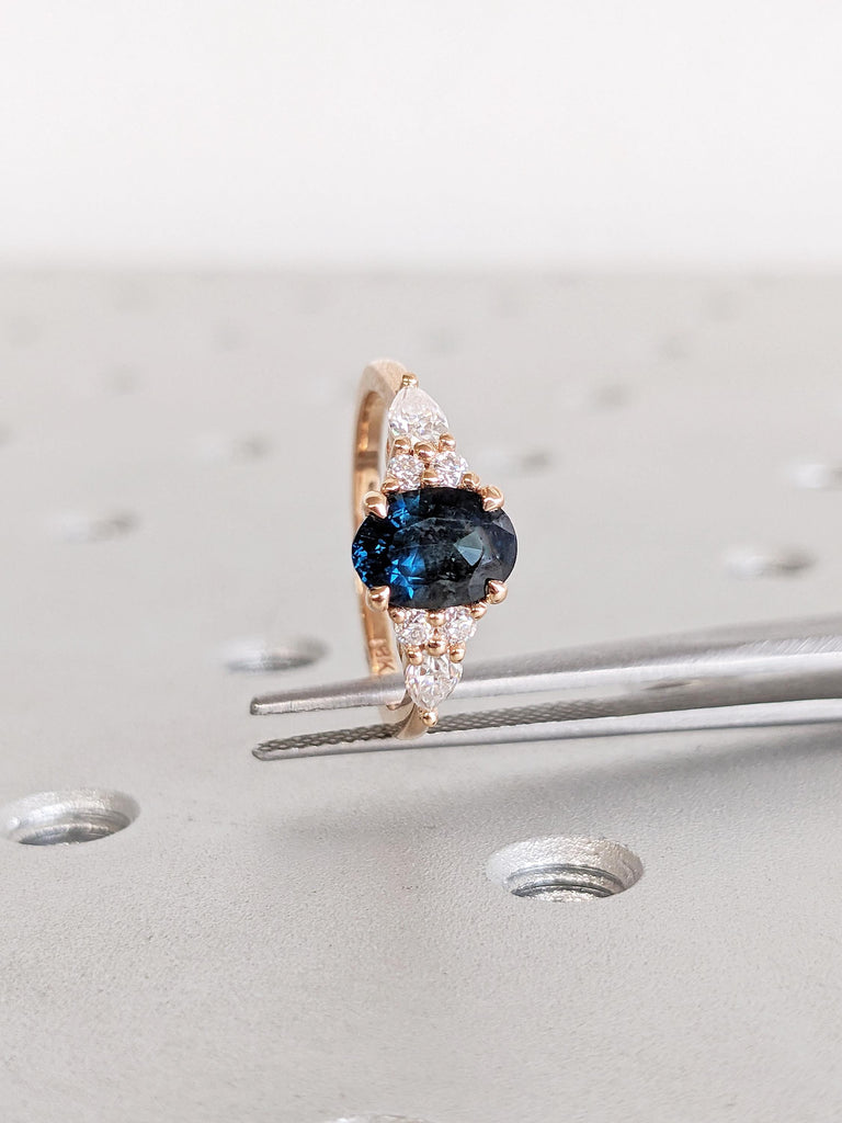 Rose Gold Women Wedding Ring, Blue Green Sapphire Ring, Oval Engagement Ring, Birthstone Ring, Diamond Cluster Ring, Unique Anniversary Ring