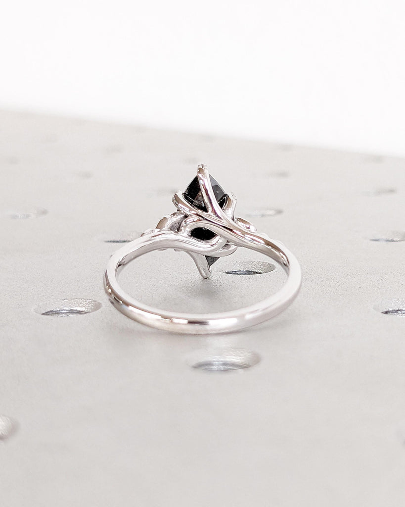 Nature Leaf Twig Salt and Pepper Diamond Marquise Ring, Marquise Cut Engagement Ring, Floral Nature Engagement Ring 14K White Gold Leaf Ring