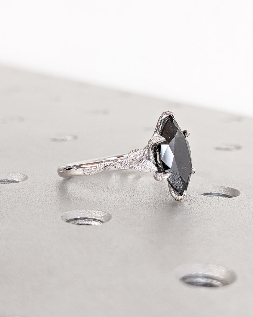 Nature Leaf Twig Salt and Pepper Diamond Marquise Ring, Marquise Cut Engagement Ring, Floral Nature Engagement Ring 14K White Gold Leaf Ring