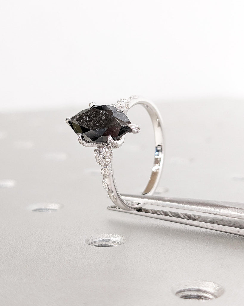 Nature Leaf Twig Salt and Pepper Diamond Marquise Ring, Marquise Cut Engagement Ring, Floral Nature Engagement Ring 14K White Gold Leaf Ring