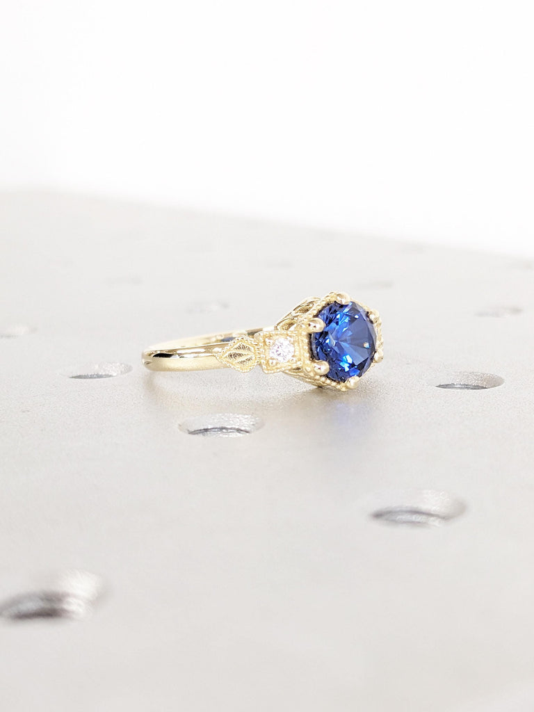 Vintage Sapphire Ring, 14k Gold Engagement Ring, Lab Created Sapphire Ring, September Birthstone Rings for Women, Unique Sapphire Jewelry