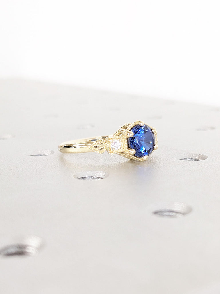 Blue Sapphire Ring, Milgrain Solid Gold Ring, Lab Sapphire Engagement Ring, Art Deco Round Sapphire Ring, Birthstone Jewelry, Bridal Ring