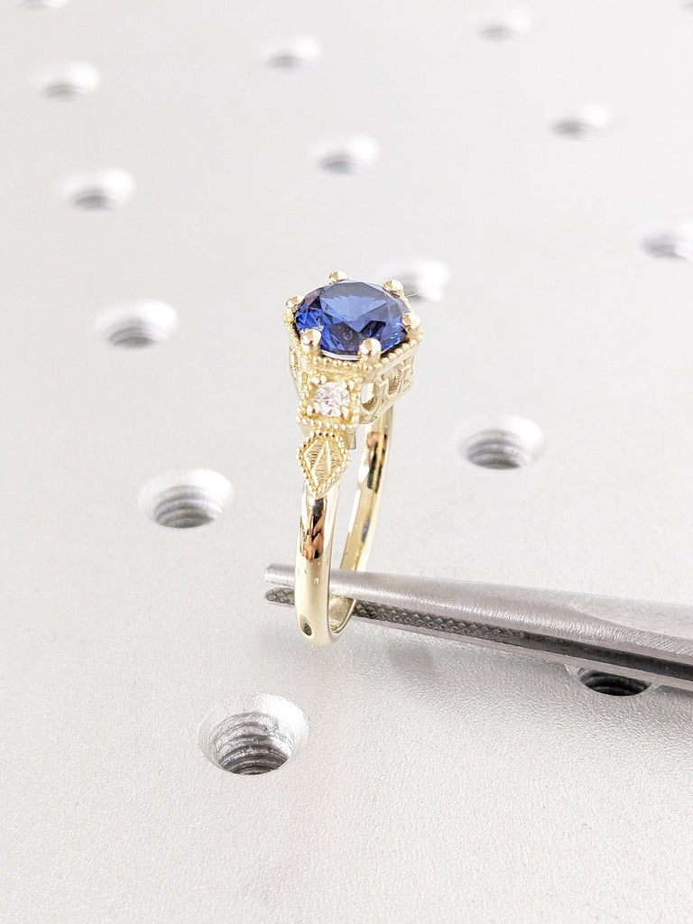 Vintage Sapphire Ring, 14k Gold Engagement Ring, Lab Created Sapphire Ring, September Birthstone Rings for Women, Unique Sapphire Jewelry