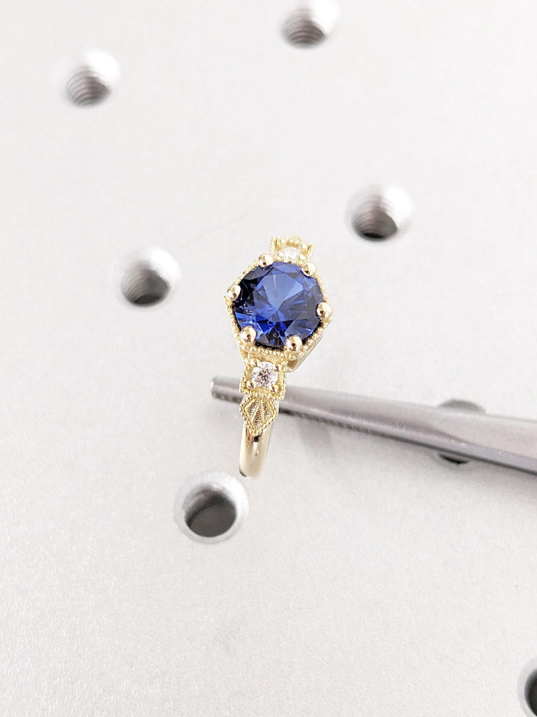 Vintage Sapphire Ring, 14k Gold Engagement Ring, Lab Created Sapphire Ring, September Birthstone Rings for Women, Unique Sapphire Jewelry