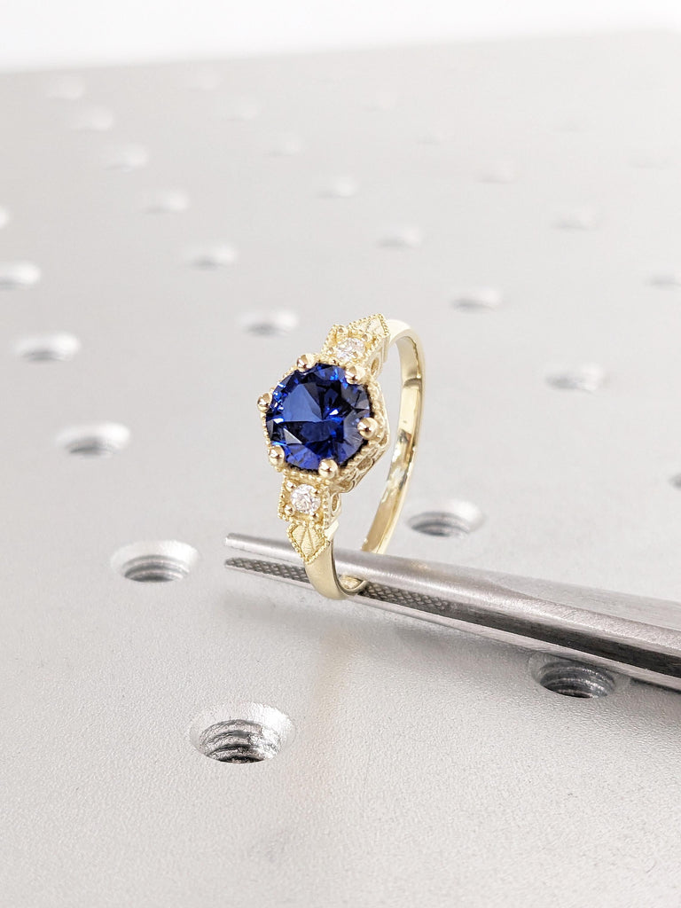 Vintage Sapphire Ring, 14k Gold Engagement Ring, Lab Created Sapphire Ring, September Birthstone Rings for Women, Unique Sapphire Jewelry