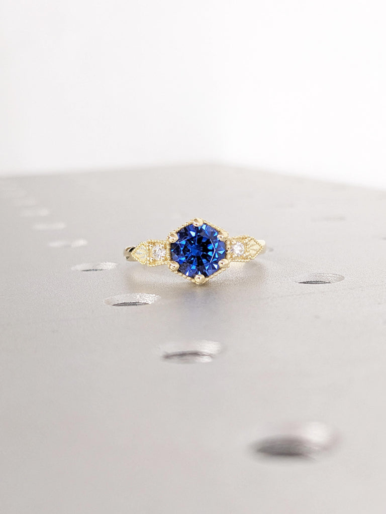 Vintage Sapphire Ring, 14k Gold Engagement Ring, Lab Created Sapphire Ring, September Birthstone Rings for Women, Unique Sapphire Jewelry