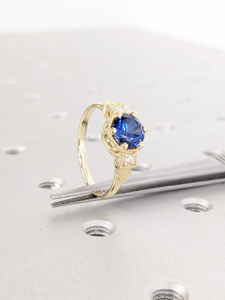 Vintage Sapphire Ring, 14k Gold Engagement Ring, Lab Created Sapphire Ring, September Birthstone Rings for Women, Unique Sapphire Jewelry