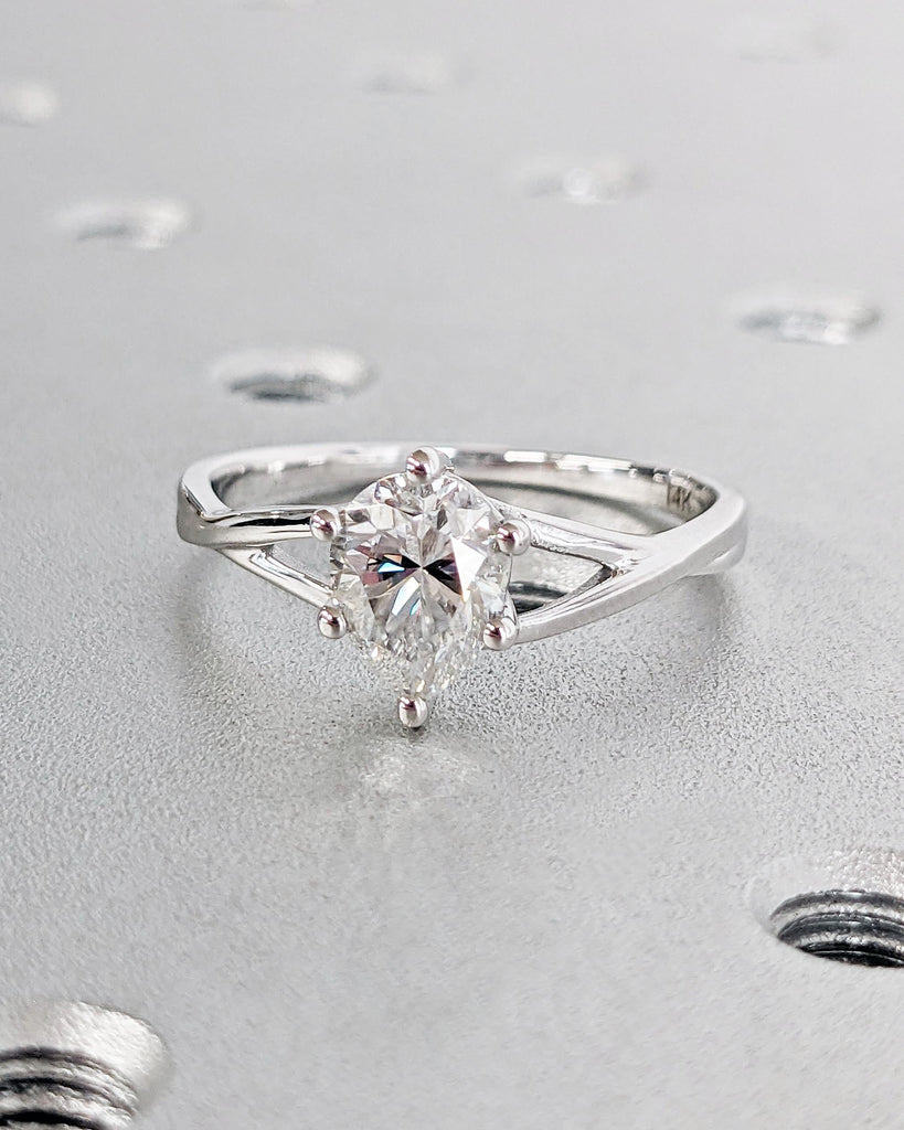 Pear Cut Lab Grown Diamond Solitaire Engagement Ring, IGI Certified Pear Diamond Wedding Ring, Split Shank, Unique Twisted Band, Solid Gold