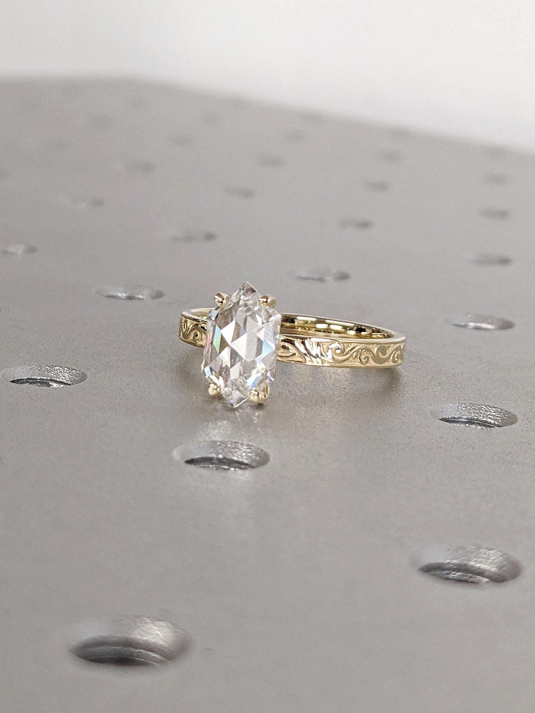 14K Yellow Gold Scrollwork Filigree Swirling Pattern Engraving Wedding Ring | Vintage Engagement Ring | 1.5ct Moissanite Ring