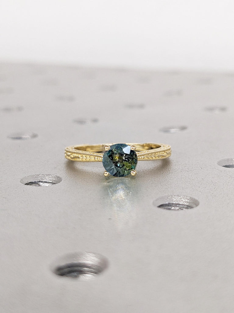 Blue Green Sapphire Ring, Gold Engagement Ring, Solitaire Cathedral Ring, One of a Kind Teal Sapphire Anniversary Ring, Bridal Gift for Wife
